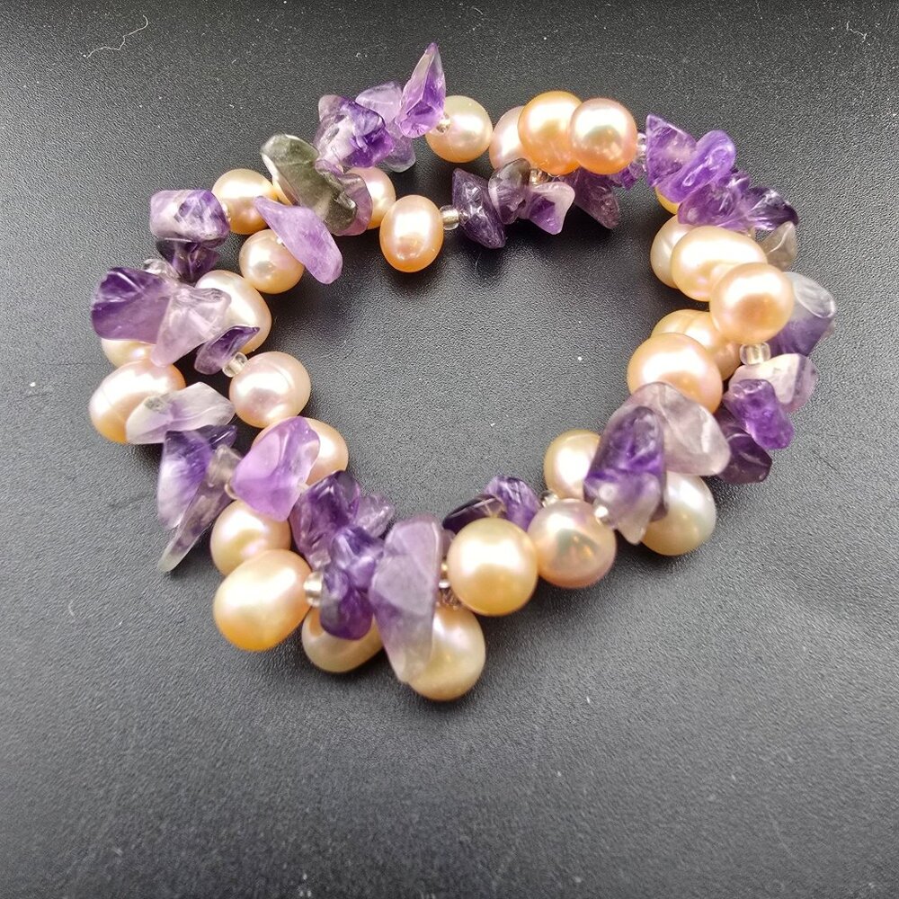 Amethyst & Freshwater Pearl Stretch Bracelet - Purple & Pink Beaded